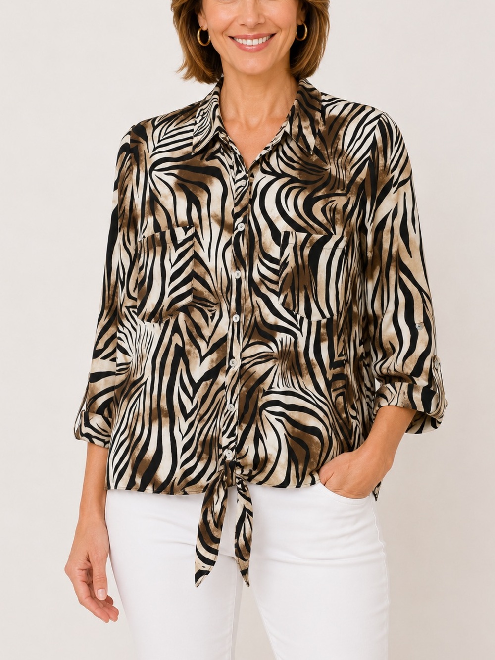 Chico’s Zebra Animal Print Tie Front Blouse Safari Boho Career Chic Size 2 Large